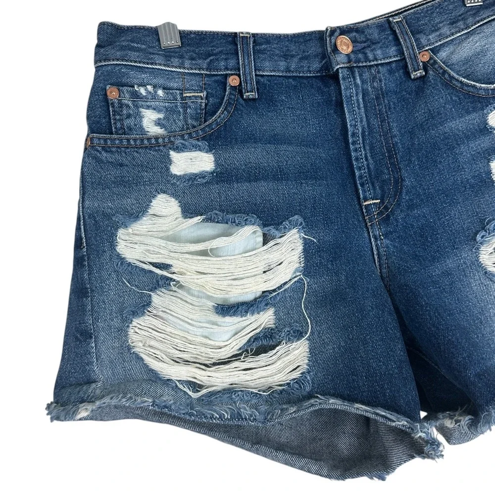 7 For All Mankind Distressed Shredded Denim Shorts Blue Raw Hem AU5170712A Sz 29